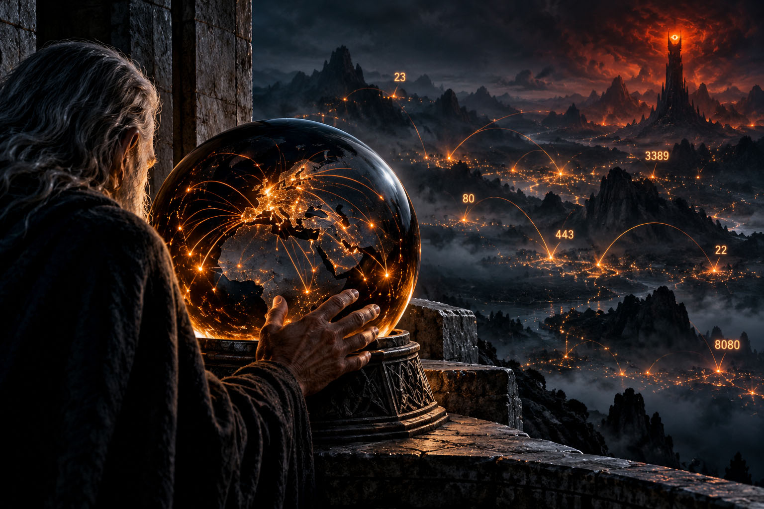 Fantasyinspirerad illustration av Knockwatch som en Palantír för internettrafik